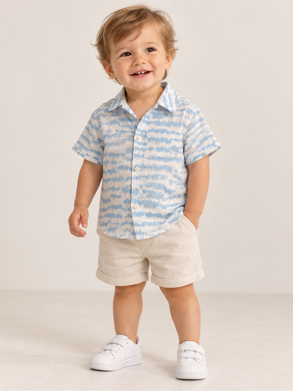 Zara Baby Boys Blue & White Abstract Print Short Sleeve Shirt 12-18M